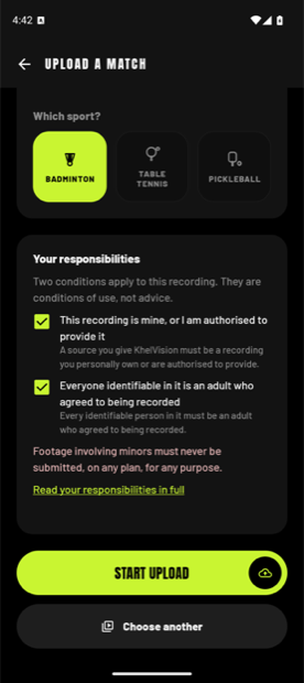 The upload screen: a sport picker, and the two conditions of use to tick before an upload can start.
